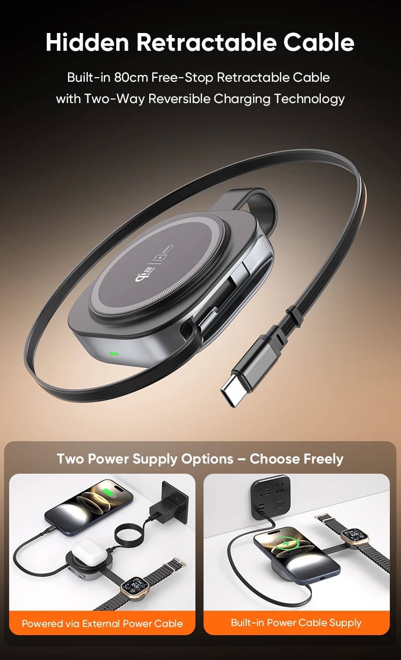YW14 wireless charger with 80cm built-in retractable USB-C cable