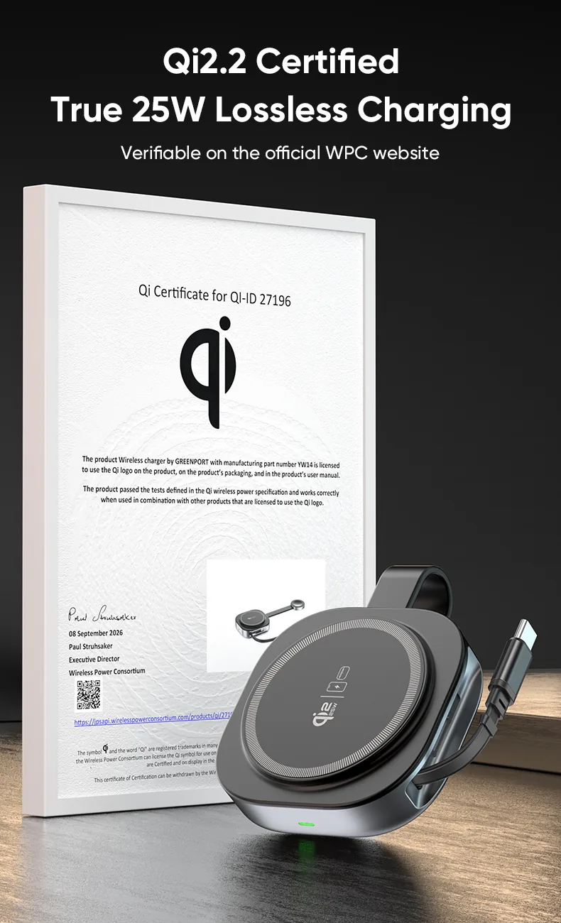 YW14 Qi2.2 certified wireless charger with WPC Qi certificate