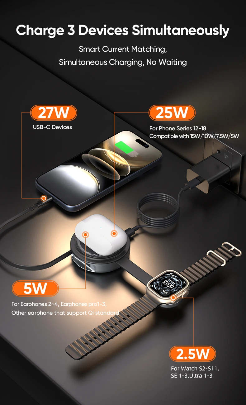 YW13 3 in 1 wireless charger for phone, earbuds and smartwatch