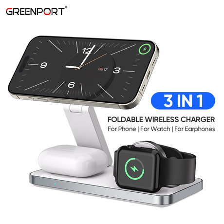 Universal 3 in 1 Magnetic Wireless Charger Station Foldable Charging Stand For Mobile Phone & Watch & Earphone