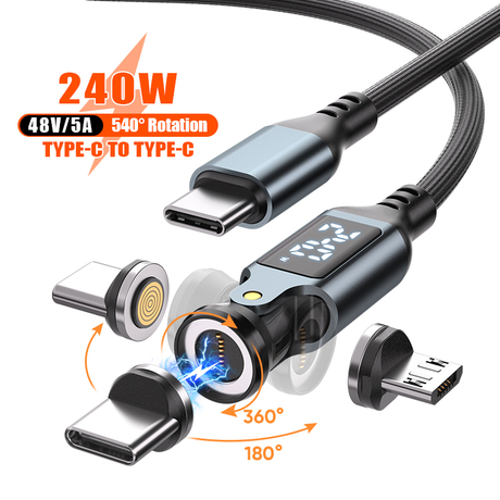Greenport 9pin 540° 240W Digital Display 3 in 1 Phone Laptop 5A Fast Charging Data Cable