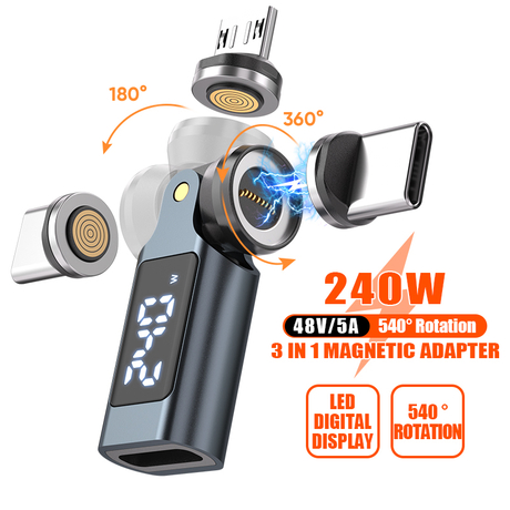 Digital Display 9Pin 540 Degree Rotating 240W Type-C Magnetic Adapter 