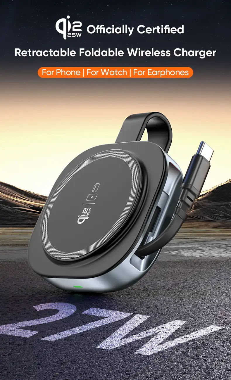 YW14 Qi2.2 25W retractable foldable 3 in 1 wireless charger