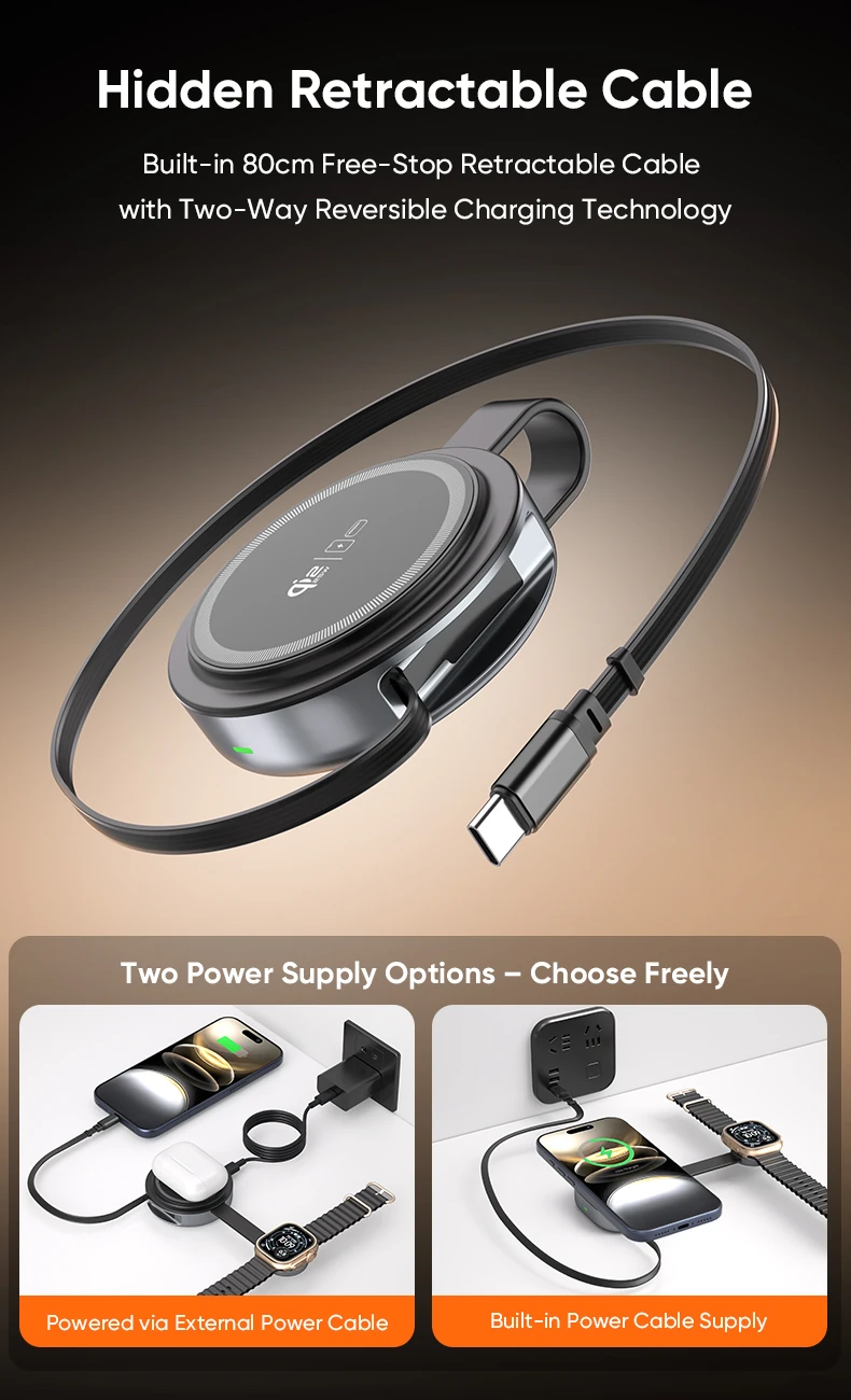 YW13 wireless charger with 80cm built-in retractable USB-C cable