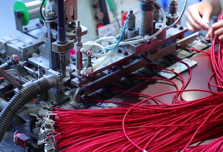 Crimping station with red cable cores being fed into the terminal press