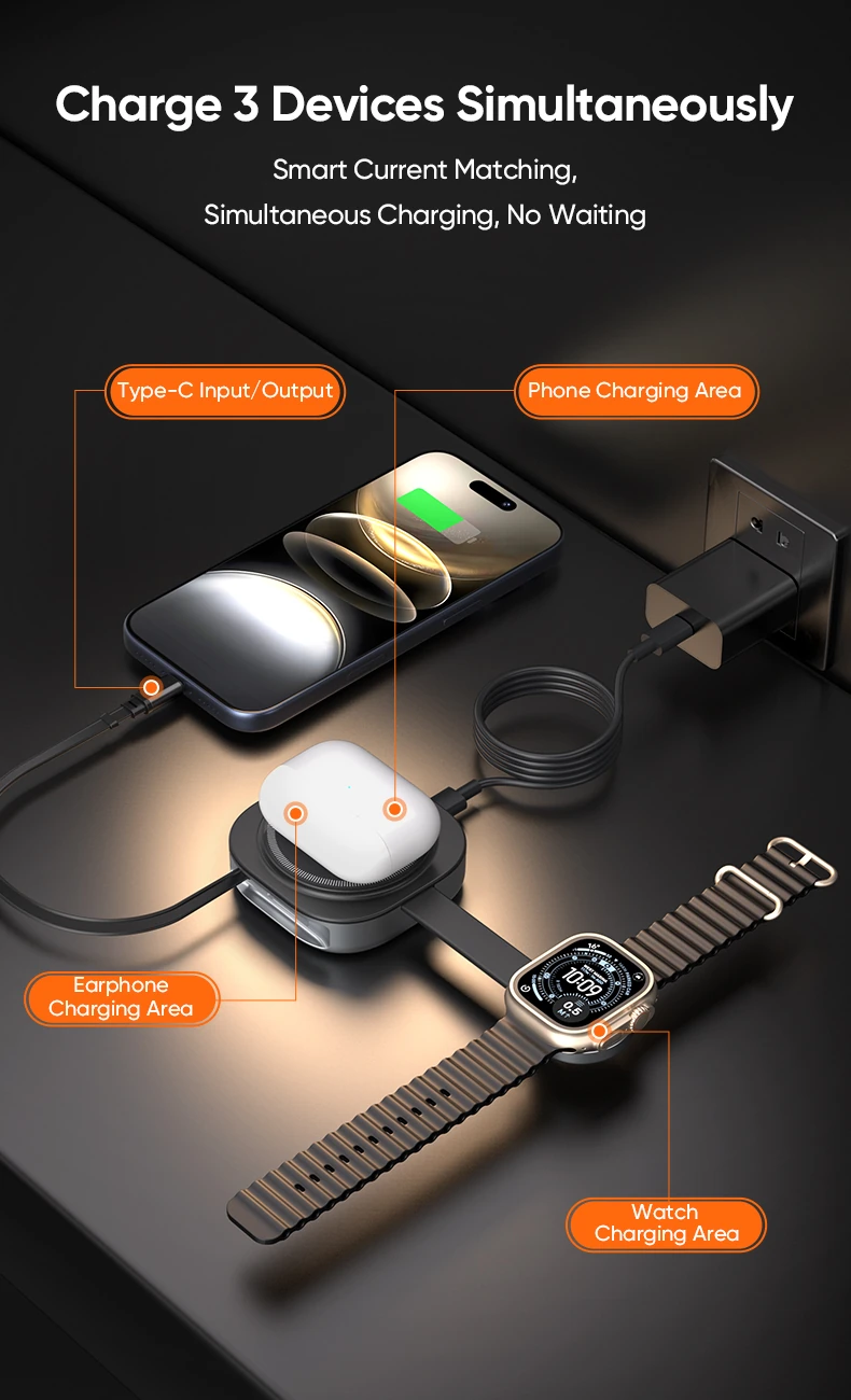 YW14 3 in 1 wireless charger for phone, earbuds and smartwatch