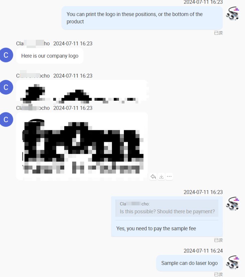 Anonymised customer discussion about logo placement and a paid custom sample