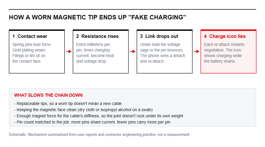 Schematic of how contact wear on a magnetic tip leads to fake charging