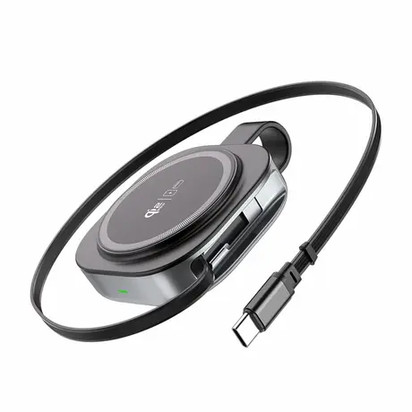 YW14 wireless charger with retractable cable pulled out