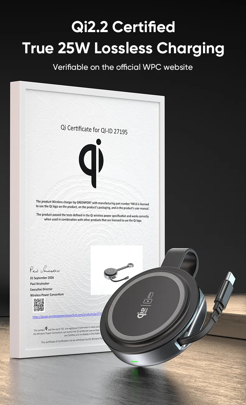 YW13 Qi2.2 certified wireless charger with WPC Qi certificate
