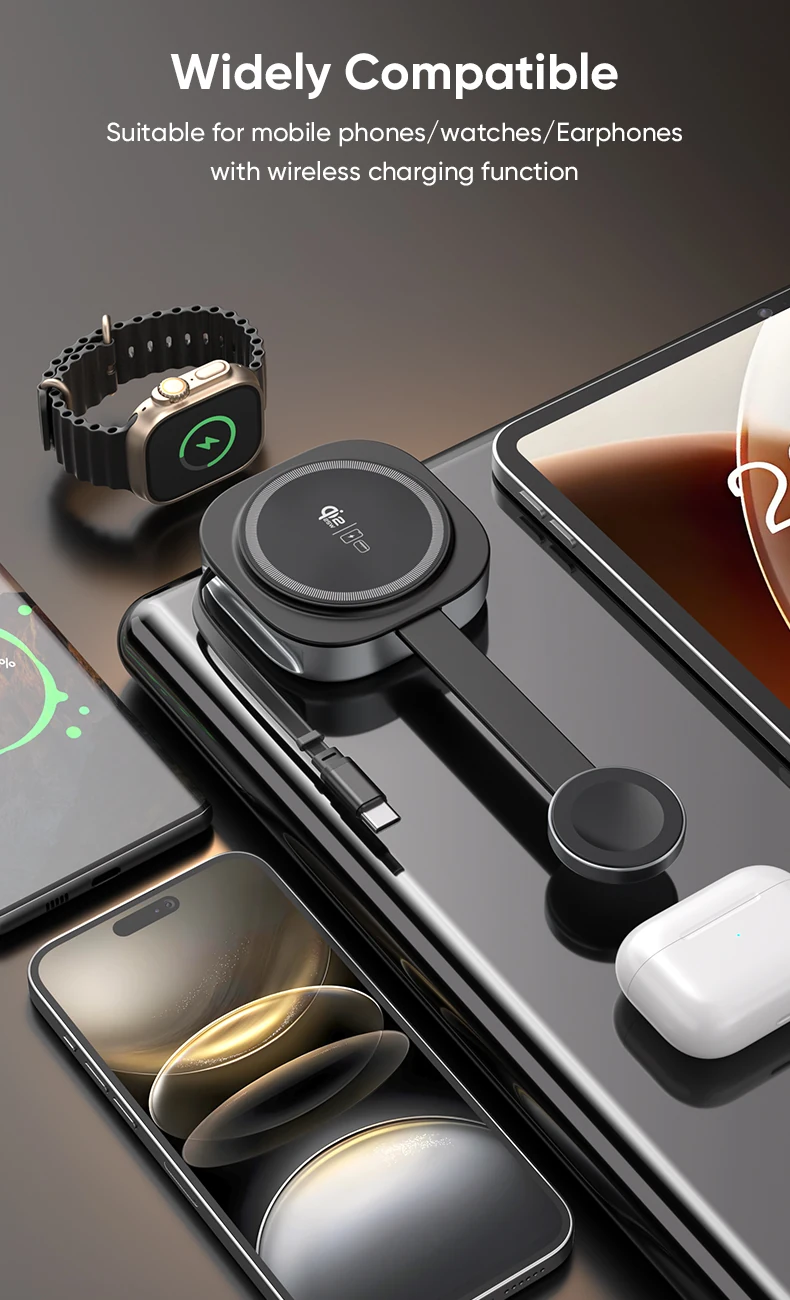 YW14 wireless charger compatible with phones, watches and earbuds